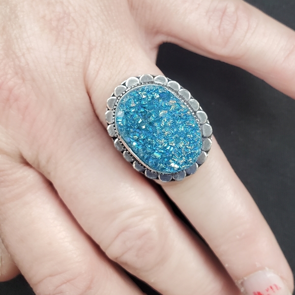 New Blue Titanium Crystal Druzy 925 Silver Statement Ring. - Picture 7 of 15
